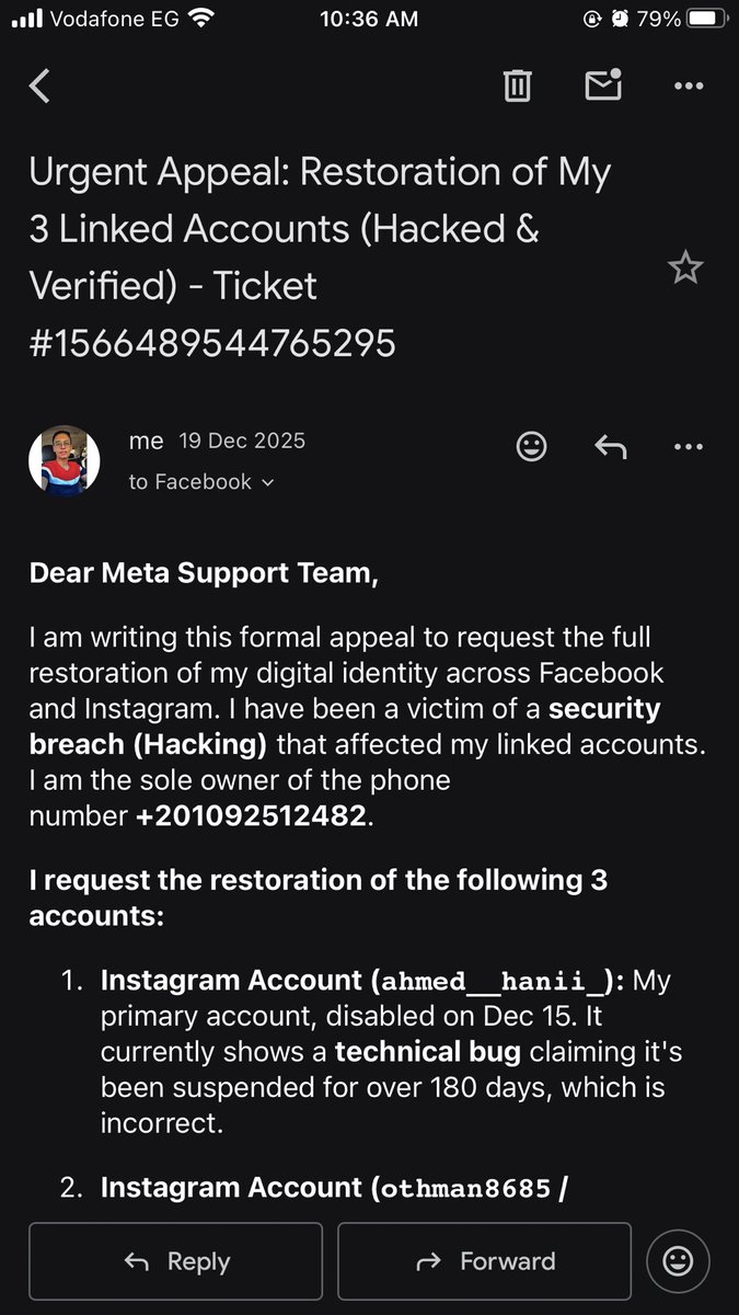 VHMEDHVNI's tweet image. @Meta @InstagramComms @Mosseri @facebookapp

My FB is restored, but IG (ahmed__hanii_) is still disabled due to a hack. I reported the breach in Dec 2025. Manual review needed! Case #1566489544765295.

#InstagramHacked #MetaSupport #IdentityTheft