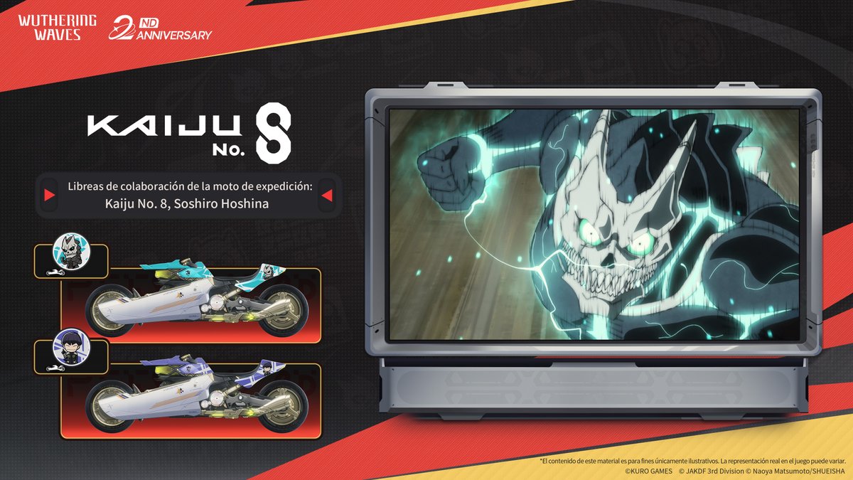 WW_ES_Official's tweet photo. Libera tu resonancia y despierta el poder de los monstruos.
¡Está por llegar la colaboración de Wuthering Waves × Kaiju No. 8!
Participa en el evento «Sincronización entre mundos» para obtener recompensas, incluidas las libreas de colaboración para la moto de expedición «Kaiju No. 8» y «Soshiro Hoshina».

#WutheringWaves #KaijuNo8