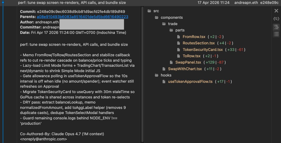 Erious0520's tweet photo. Our team just finished tuning the swap screen performance on @DackieSwap using @AnthropicAI Claude Opus 4.7 with 1M context, and everything looks solid.

After the tuning, the code is much cleaner and the speed improved a lot. We also optimized the API call order and added smarter caching, so results load faster and smoother.

Opus 4.7 is awesome 👀