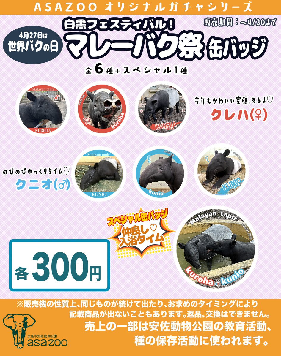 asa_zoo's tweet image. 【ガチャ新シリーズ販売中！】 安佐動物公園では4/25の「世界ペンギンの日」に向けて「フンボルトペンギン祭缶バッジガチャ」、4/27の「世界バクの日」に向けて「マレーバク祭缶バッジガチャ」を本日より販売します！ ぜひ正門売店「アサンテ」にてお買い求めください！ #asazoo #zoo #ガチャ