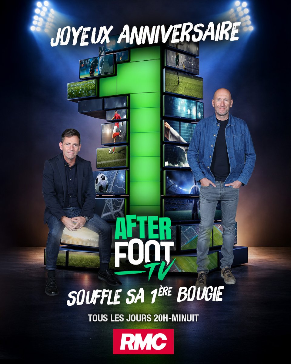 AfterRMC's tweet photo. 🎊 Joyeux anniversaire !

🔥 L'Afterfoot TV souffle sa toute première bougie aujourd'hui.

🔴 Tous les jours de 20h à minuit en direct sur RMC. https://t.co/zOb0SWeRT6