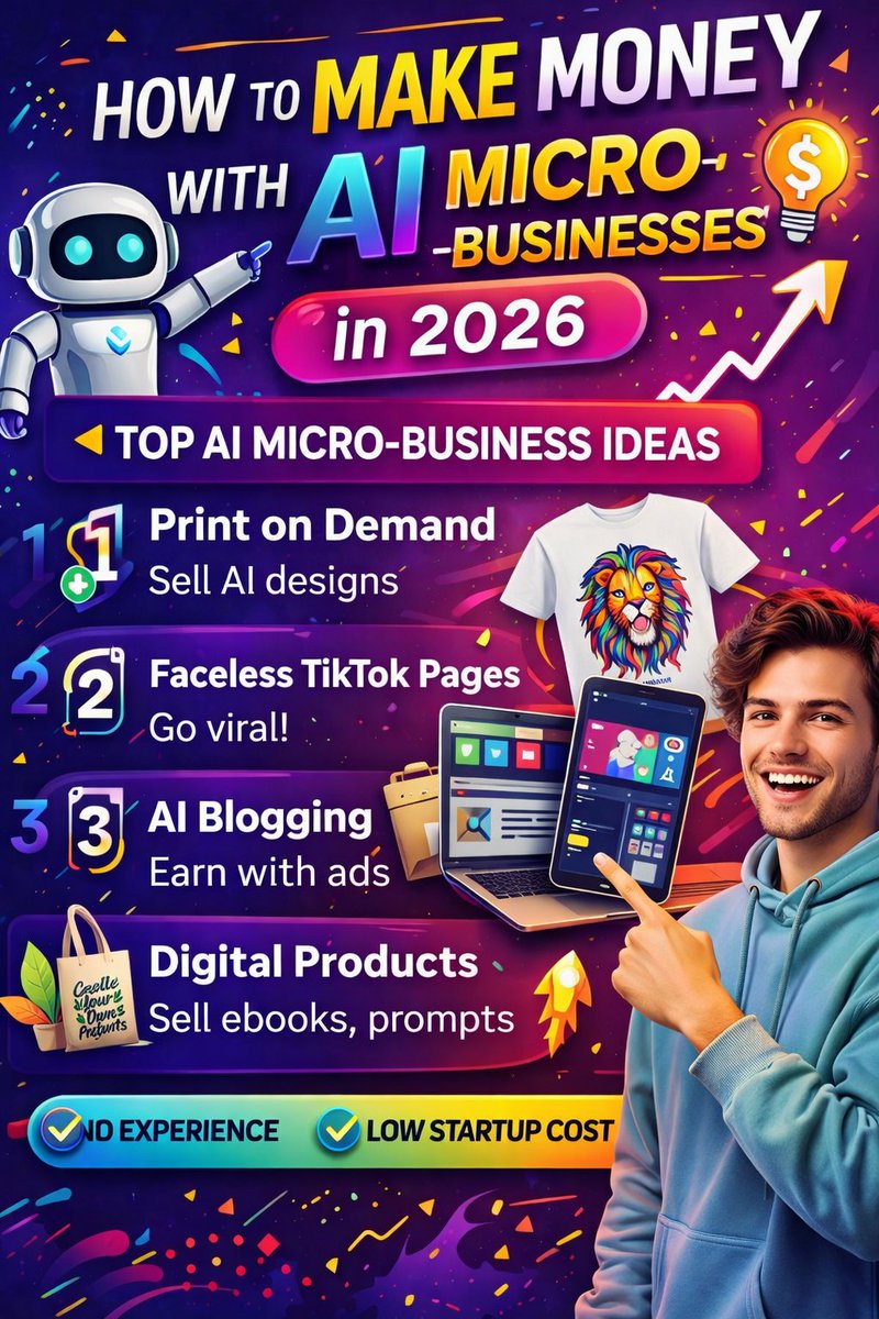 Slimaniz's tweet photo. 🚀 How to make money with AI micro-businesses in 2026
You don’t need experience or money anymore.
💡 Best ideas: • Print on demand with AI designs
📈 Start small → stay consistent → scale fast
👉 Read full guide here:
https://t.co/zgktkMitM0 
#AI2026 #MakeMoneyOnline #Side https://t.co/7rSzJwT80p