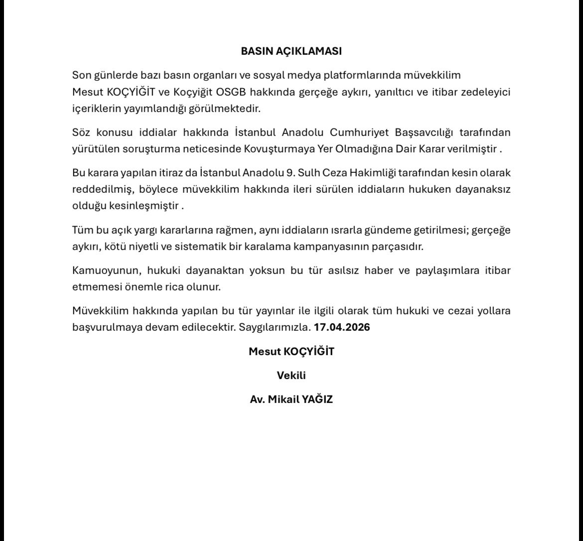 avmikailyagiz's tweet photo. Basın Açıklaması 📢 
Müvekkilim Mesut KOÇYİĞİT ve Koçyiğit Osgb hakkında gerçeğe aykırı, yanıltıcı ve itibar zedeleyici içeriklere ilişkin basın açıklamamız. https://t.co/cPFqc45xOb