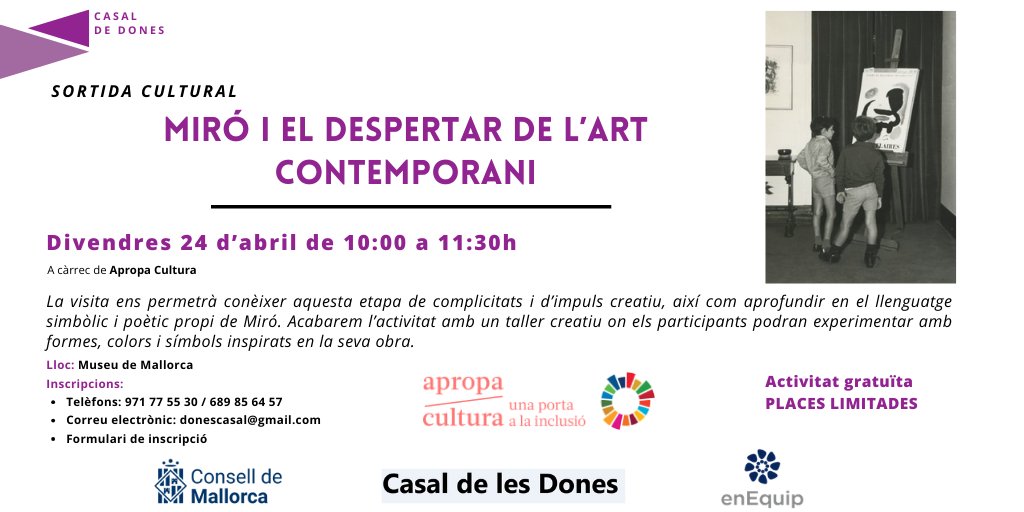 casaldones's tweet photo. 🎨 Sortida cultural: Miró i el despertar de l’art

Et proposem una sortida cultural per descobrir l’univers de Miró i el despertar de l’art.
Una oportunitat per apropar-nos a la seva obra, entendre el seu llenguatge artístic i gaudir d’una experiència cultural enriquidora. https://t.co/2Dwlptia0F