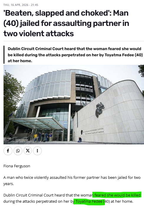 🚨MAURITIAN MAN JAILED FOR TWO VIOLENT ATTACKS AGAINST PARTNER WHERE HE BEAT, SLAPPED, AND CHOKED HER, LEAVING THE WOMAN FEARING SHE WOULD BE KILLED

Toyatma Fedee (40) of Mountjoy Square West, Dublin 1, pleaded guilty to assaulting his former partner, causing her harm at her