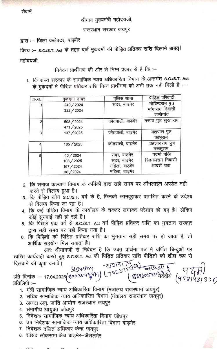 AjmalBhartiya's tweet photo. @RajCMO @BhajanlalBjp महोदय, जिला बाड़मेर के SC-ST एक्ट के तहत दर्ज मुकदमों की पीड़ित प्रतिकर राशि का भुगतान सामाजिक न्याय एवं अधिकारिता विभाग के कार्मिकों की लापरवाही की वजह से नही हुआ है, संबंधित विभाग को अवगत करवाकर पीड़ित का भुगतान करवाएं। @NCSC_GoI  @BarmerDm @MSJEGOI https://t.co/YquWsUNP5h