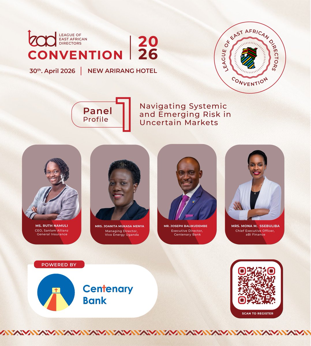 LEAD_EA's tweet photo. Panel 1 at #LEADConvention2026 dives into navigating systemic &amp; emerging risks in uncertain markets.

Powered by @CentenaryBank , featuring top industry leaders shaping the future of governance.

🔗 Register now: https://t.co/8qf25aendt https://t.co/qLTt1s0n5g