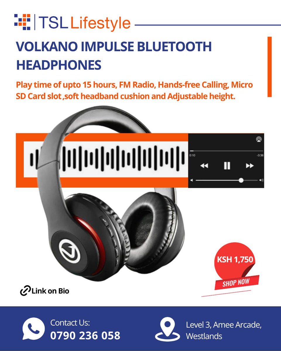 TotalSLtd's tweet image. Turn every moment into a vibe. Volkano Impulse, 15 hours non‑stop.

Price; Ksh 1,750
tslonline.co.ke/product/volkan…
0790236058 | Lipa Na Bonga Points

#TSLonline#VolkanoImpulse #FeelTheBass #CrystalClearSound #WirelessFreedom #ImpulseVibes#Headphones