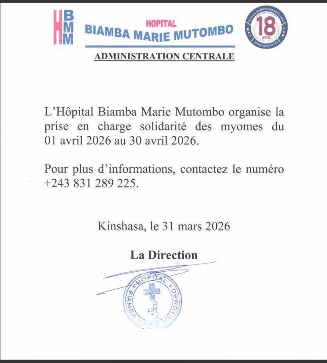 ElalingaJ's tweet photo. 🛑🛑Prise en charge des myomes totalement gratuite par l'Hôpital Biamba Marie MUTOMBO !

Passage le message aux autres !

Tout sur l'affiche. https://t.co/uaXOwKaapK