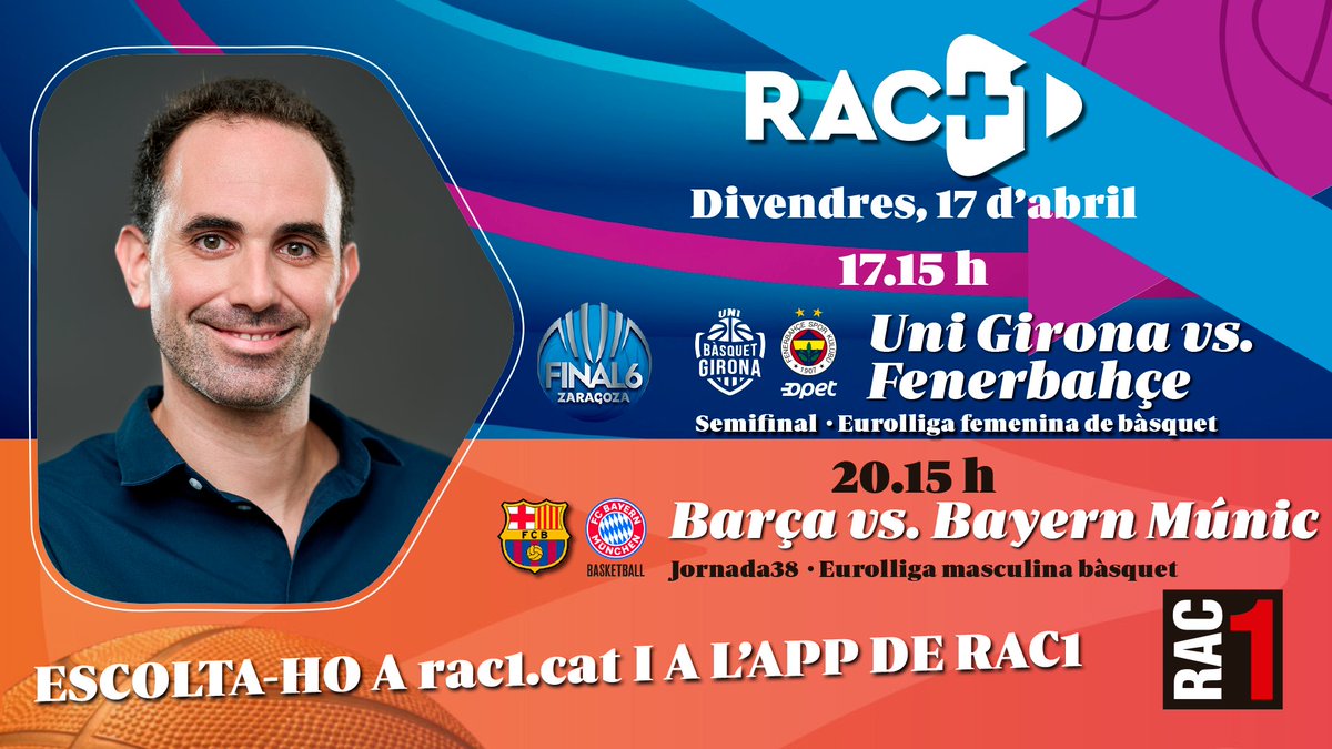 EsportsRAC1's tweet photo. 💥 Dia de bàsquet a 𝗥𝗔𝗖+𝟭!

Des de les 17.15 h ⏰ semifinals de l'Eurolliga femenina: @unigirona - Fenerbahçe amb @daniaguila12.

I a les 20.30 h ⏰ @FCBbasket - Bayern de Múnic amb @Albert_FF. 

Escolta'ns 👇

▶️ WEB: https://t.co/PORdwj3mzR
📲 A l'App de @rac1 https://t.co/PdT87e06Bs