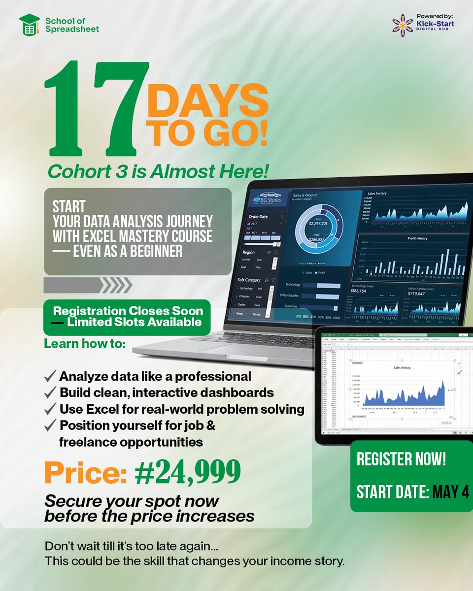 Kick_StartHub's tweet photo. 17 days to go

Cohort 3 is almost here and spots are limited.
Analyze data like a pro
✔️ Create clean, powerful dashboards
✔️ Solve real-world problems with Excel
✔️ Position yourself for jobs &amp; freelance income.

Secure your spot today before the price goes up. 

Send a DM now! https://t.co/DmkFzpsji7