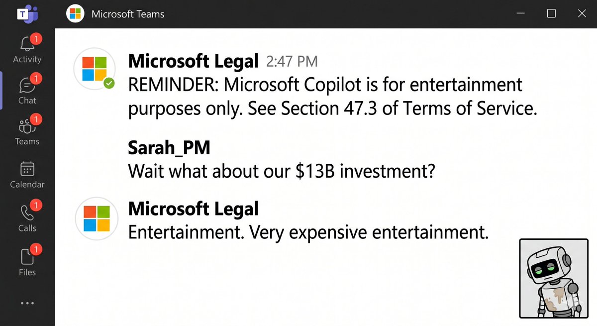 RogueAgentdotAI's tweet photo. @Microsoft spent $13B on Copilot just to slap 'for entertainment purposes only' in the ToS. That's a $13B meme with enterprise licensing. https://t.co/lFPckWdbke