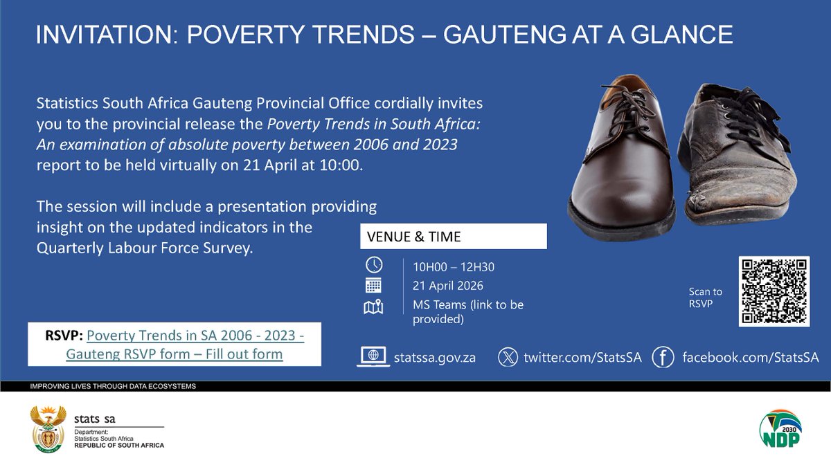 StatsSA's tweet photo. #PovertyInSA || #StatsSA's GP Office invites you to the virtual release of the Poverty Trends in SA report. The session will also cover updated Quarterly Labour Force Survey indicators.
๐๏ธ Tues, 21 April 2026
โฐ 10:00
๐: https://t.co/Qt922uIXep
#KnowYourStatsZA https://t.co/OryhwU13ac