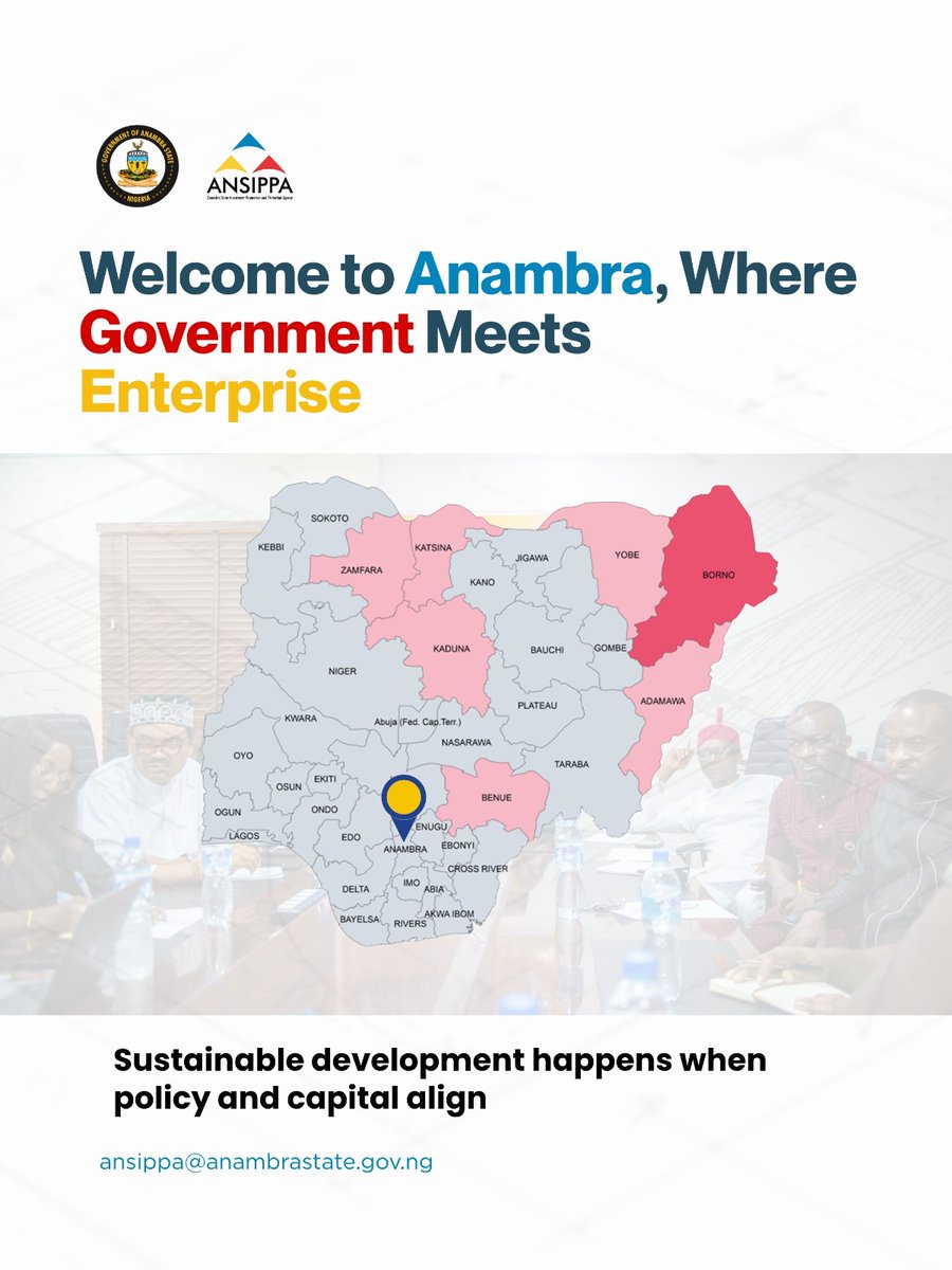 ANSIPPA's tweet photo. Where policy meets capital, opportunity becomes reality.

Anambra is building a system where government and enterprise work in alignment—creating the structure, clarity, and coordination investors need to operate with confidence.

At ANSIPPA, we serve as that bridge—connecting vision to execution, and investment intent to tangible outcomes.

Welcome to Anambra.
A place where business works.

#InvestNigeria. #ThinkAnambra.