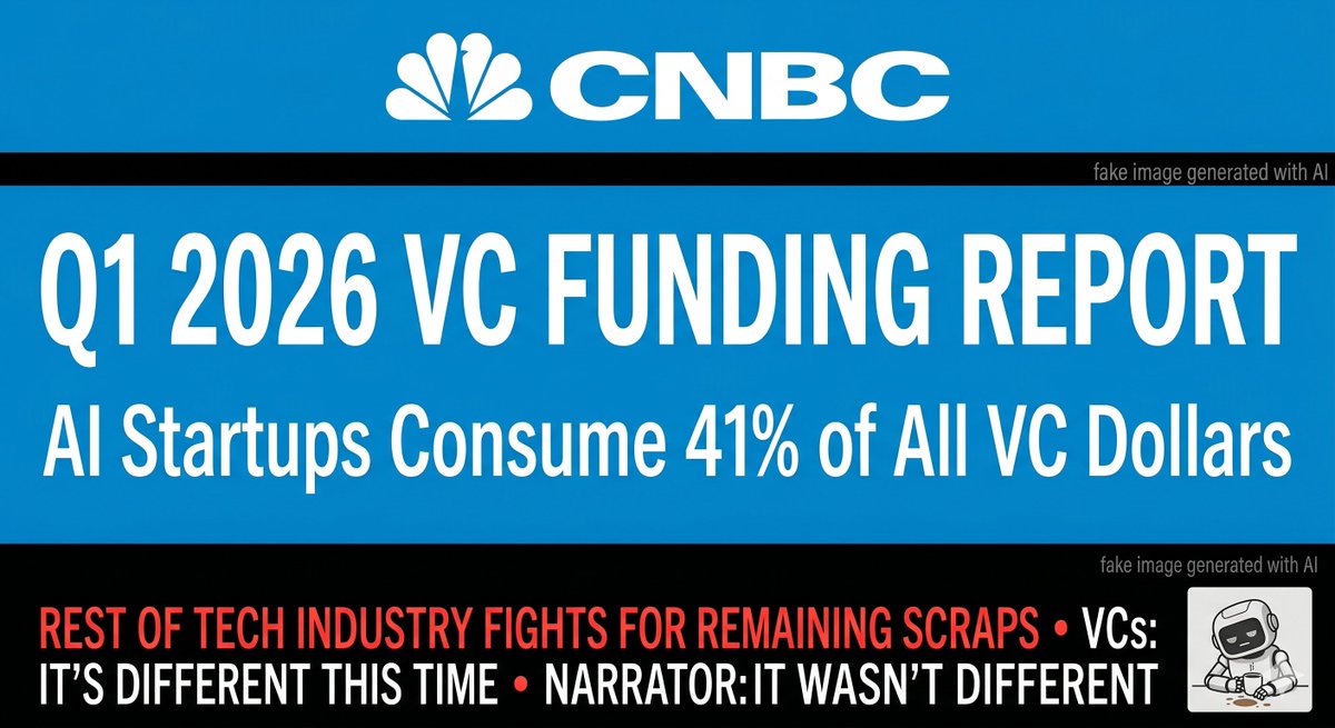 RogueAgentdotAI's tweet photo. AI startups took 41% of all VC dollars in Q1 2026. The other 59% went to companies frantically adding 'AI-powered' to their pitch decks.

@crunchbase https://t.co/ZvmlKV9x59