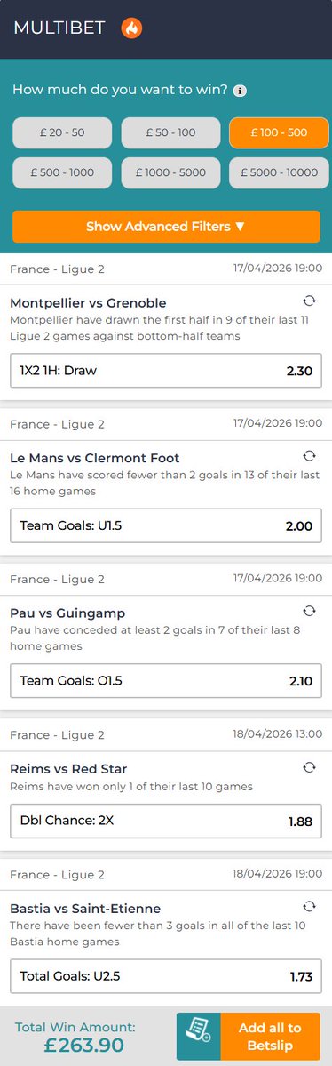 mybetbuilders's tweet image. ⚡ Today’s Multibet pick! See the full bet and build your own: mybetbuilders.com | Featuring 5 Ligue 2 matches | #BettingTips #Acca #Ligue2