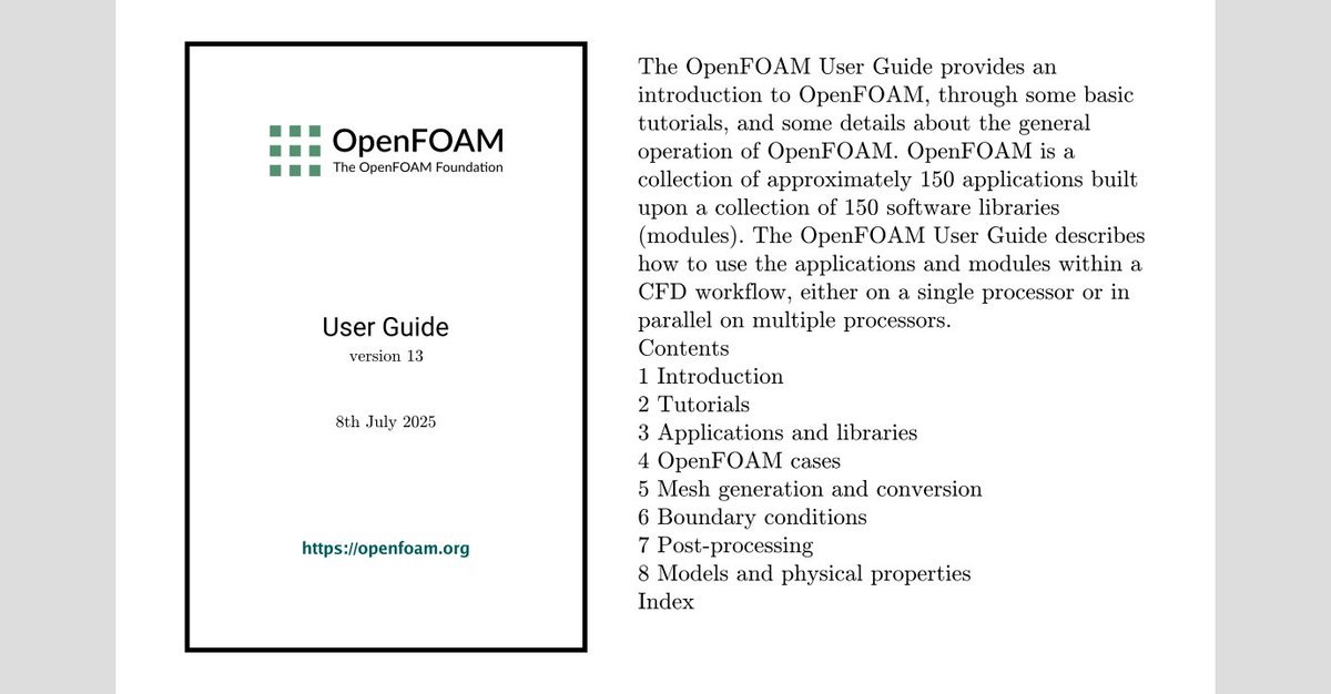 CFDdirect's tweet image. The #official User Guide for #OpenFOAM v13 is freely available online in easy-to-read format. Bookmark the page: doc.cfd.direct/openfoam/user-…