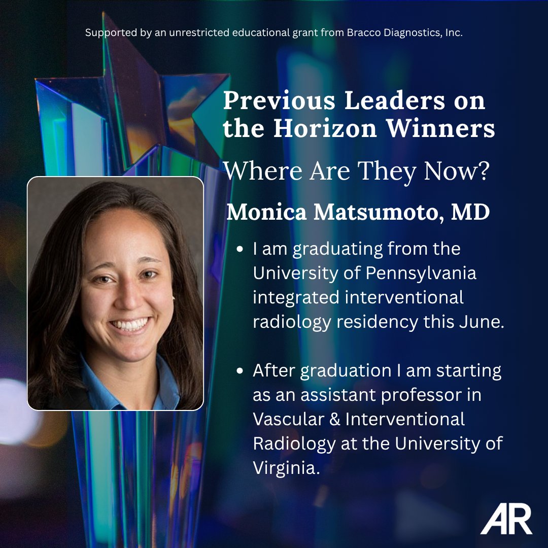 Applied_Rad's tweet image. Leaders on the Horizon | Where Are They Now?

2023 winner @MonicaMatsumoto , MD

📖 read her winning article: bit.ly/48zvcze 
🎓 program information: bit.ly/3NT18HT  

@PennRadiology 
@Penn_IR 

#Radiology #Imaging #MedicalImaging #Radiologists #BraccoImaging