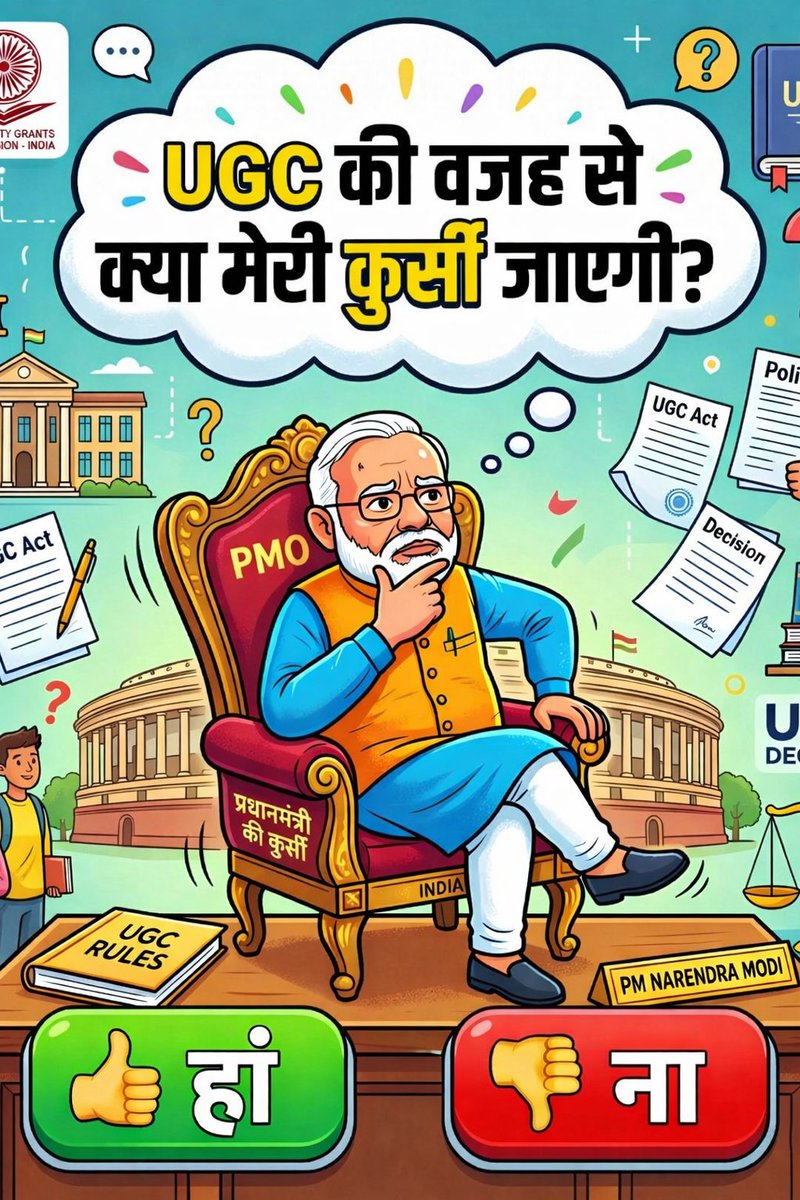 SUNIL1123456's tweet photo. UGC कानून की वजह से क्या मेरी कुर्सी जाएगी?
सभी कमेंट में हां या ना में जवाब जरूर देना, ताकि देश का क्या मूड इस कानून के बाद पता तो चले।
#UGC #UGCAct #EducationPolicy #IndiaNews #BreakingNews #ViralPost #TrendingNow #India #Students #University #HigherEducation #Politics #Indian https://t.co/hts9PQulRR