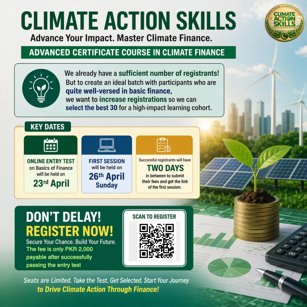 From awareness to expertise.
From learning to impact.
Our third signature course takes you into the technical side of climate action, building on a journey that began with climateurdu.com
Step up. Stand out. Move forward.
#ClimateAction #ClimateFinance #Sustainability