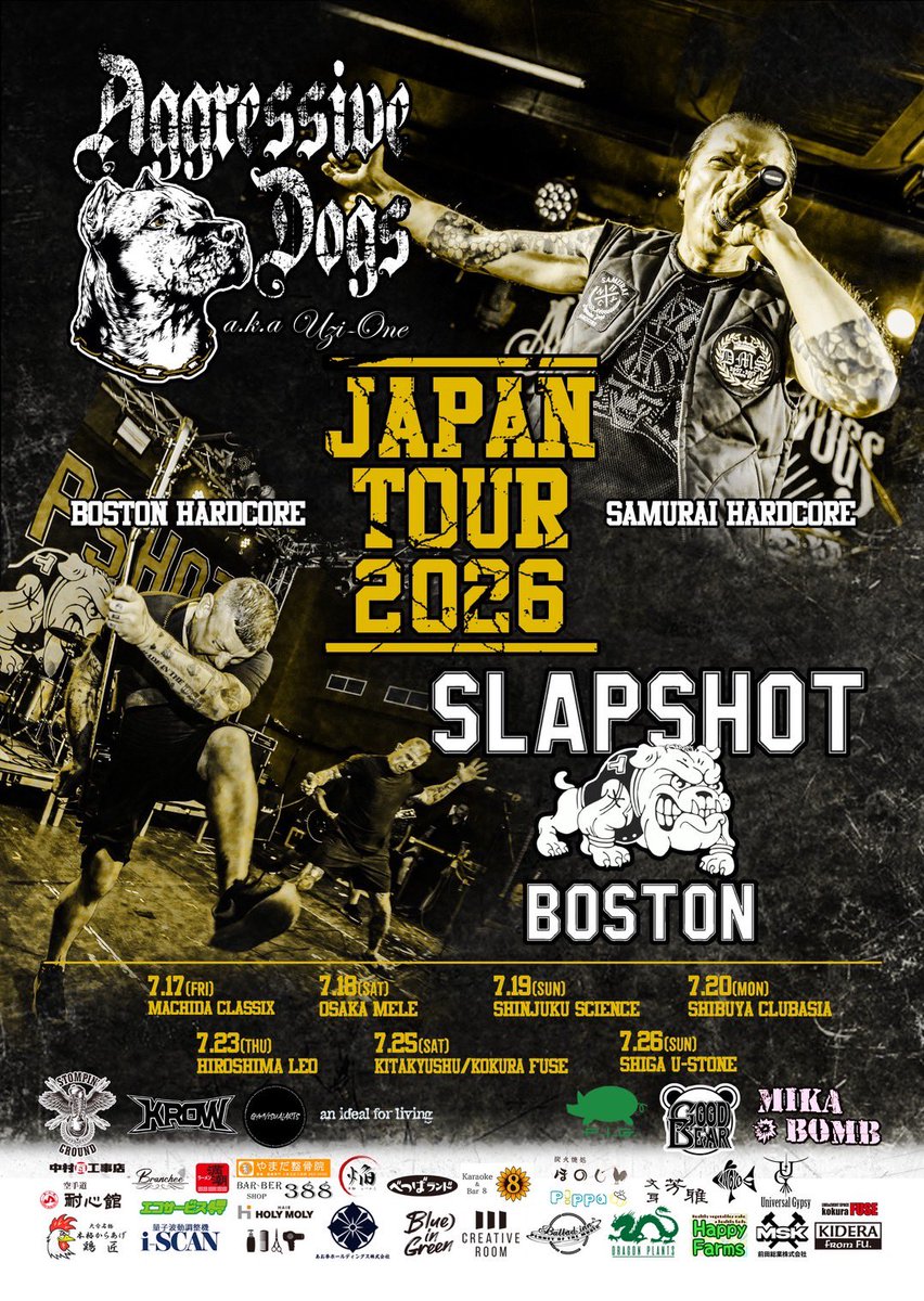 aggressive_dogs's tweet photo. Aggressive Dogs aka UZI-ONE &amp; SLAPSHOT (Boston) Japan tour 2026開催決定

”THE COMEBACK STORY UZI 同志と共に！

7/17（金）町田CLASSIX
7/18（土）大阪Mele 
7/19（日）新宿SCIENCE            
7/20（月）渋谷clubasia
7/23（木)  広島Leo         
7/25（土）小倉FUSE 
7/26（日) 滋賀U-STONE https://t.co/mX8qkbcsKv