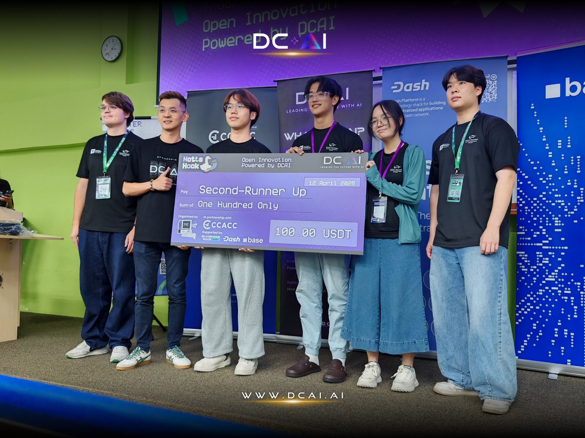 DCAIbyDynaChain's tweet photo. A huge congratulations to the winning teams of NottsHack 2026! 🏆

DCAI was honored to officially sponsor and power one of the hackathon tracks — “Open Innovation Powered by DCAI.”

Congratulations to the Top 3 teams selected from the Grand Finals, whose outstanding ideas, execution, and builder spirit truly stood out.

Thank you to all participants for bringing your ideas, energy, and creativity to life throughout the event. Your passion and willingness to push boundaries made this hackathon an inspiring journey from start to finish.

We are proud to have witnessed so many talented minds come together to explore, create, and turn bold ideas into real solutions.

Keep building, keep exploring, and keep shaping the future. 🌐🚀