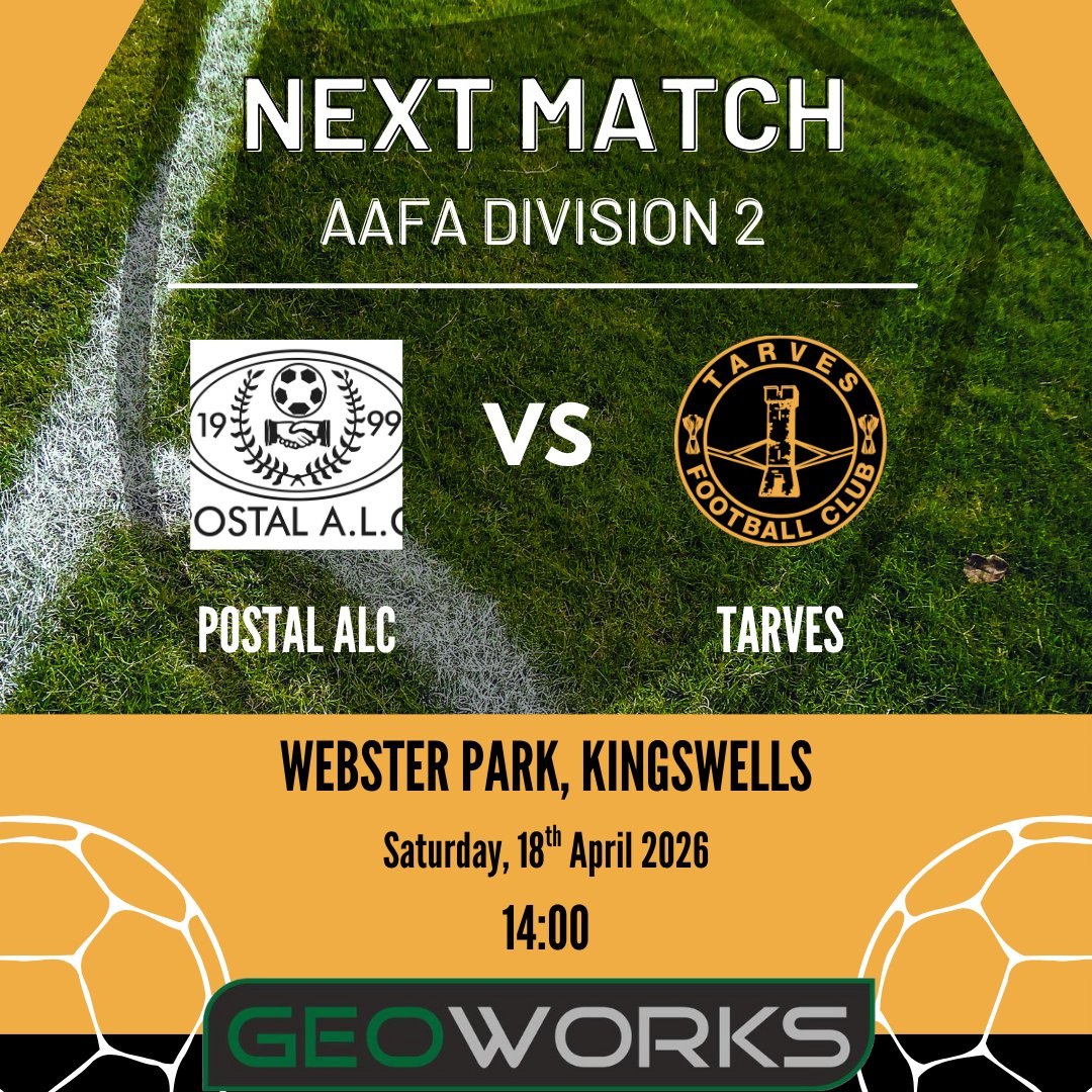 #monthetarves
This weekend, we make the trip to Kingswells, taking on Postal ALC Amateur Football Club

📅 Saturday 18th April 2026 
⏰ 14:00
📌 Webster Park, Kingswells

Main kit sponsor: GeoWorks
Player sponsors: tinyurl.com/fyc3ynhj
Interested in becoming a sponsor?