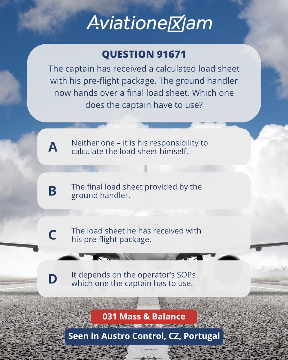 AVIATIONEXAM's tweet image. 📚 ATPL Quick Review ✈️
Mass &amp;amp; Balance (031) — 3 real exam-style questions
✅ Based on real ATPL exams
✅ Normal, abnormal &amp;amp; emergency ops
✅ Fast refresher for pilots

🛫 Stay sharp. Stay safe. Stay exam-ready.
#ATPL #PilotTraining #EASA #FlightSafety #StudentPilot