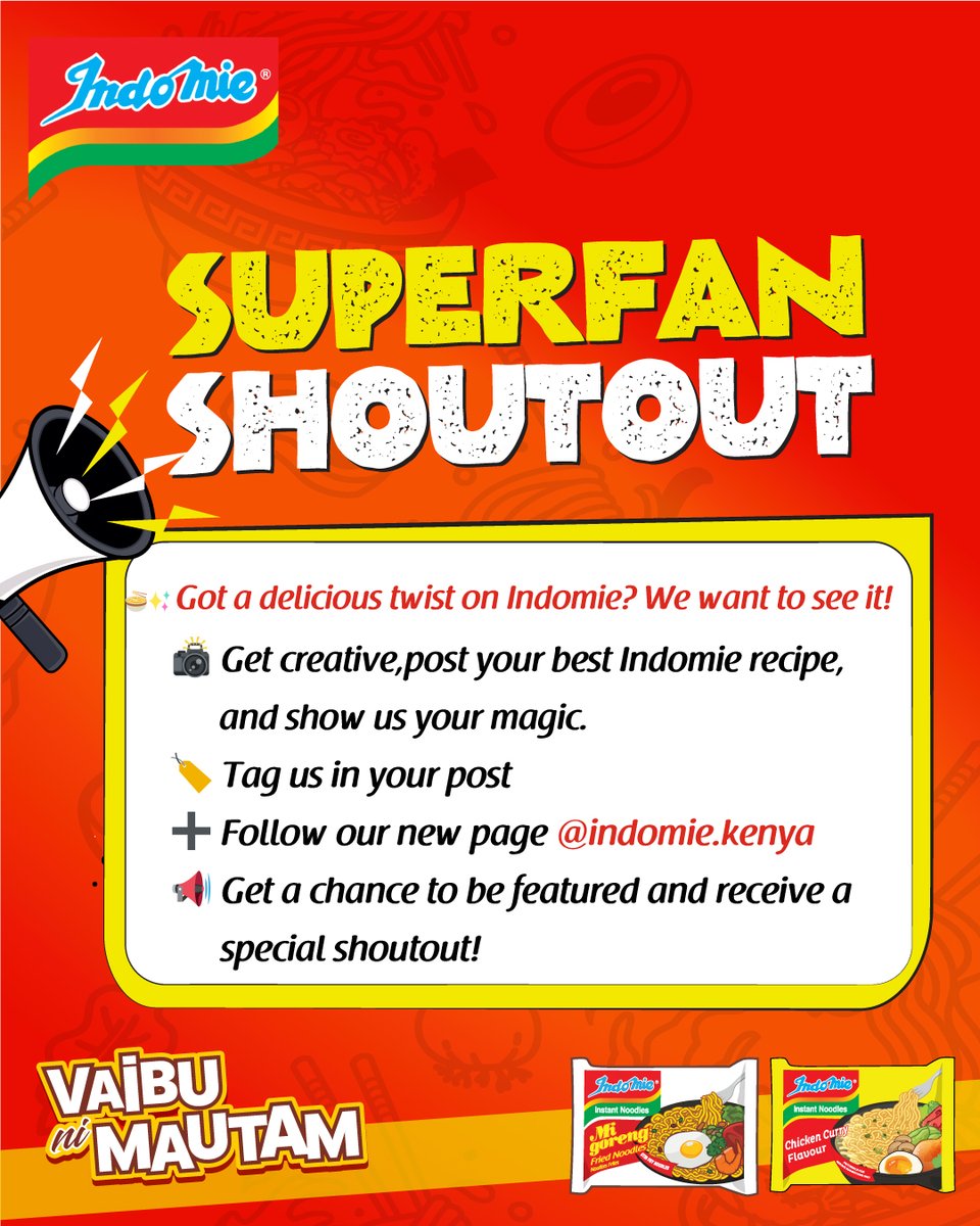 IndomieKenya's tweet image. Will you be among the lucky 5? Get creative, post your best Indomie recipe, and tag us in your post.
Follow our new Instagram page and get a chance to win a special shoutout!

#indomiekenya #shoutout #vibenimautamu #indomiemautam