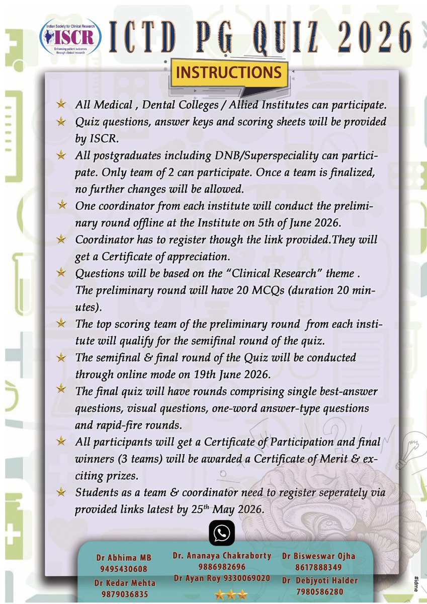 iscrindia's tweet photo. We are pleased to announce the ICTD PG Quiz 2026, an exciting opportunity for postgraduate students to test their knowledge and showcase their skills.
We encourage all eligible participants to register and be a part of this engaging academic event.
#ISCR #quiz #ICTD #PGquiz https://t.co/bRv2C1zY0r