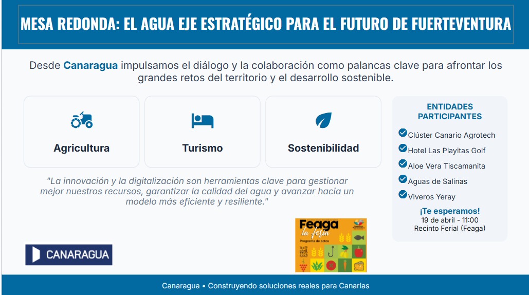 Canaragua's tweet photo. Patrocinamos la mesa redonda 👥 centrada en un recurso esencial: el #agua, y su papel estratégico en el #DesarrolloSostenible de #Fuerteventura.
🌱 #Agricultura
🏨 #Turismo
🌊 #MedioAmbiente
19 de abril 🗓️ a las 11:00 👉 #Feaga @CabildoFTV https://t.co/2qu2WtKTHk