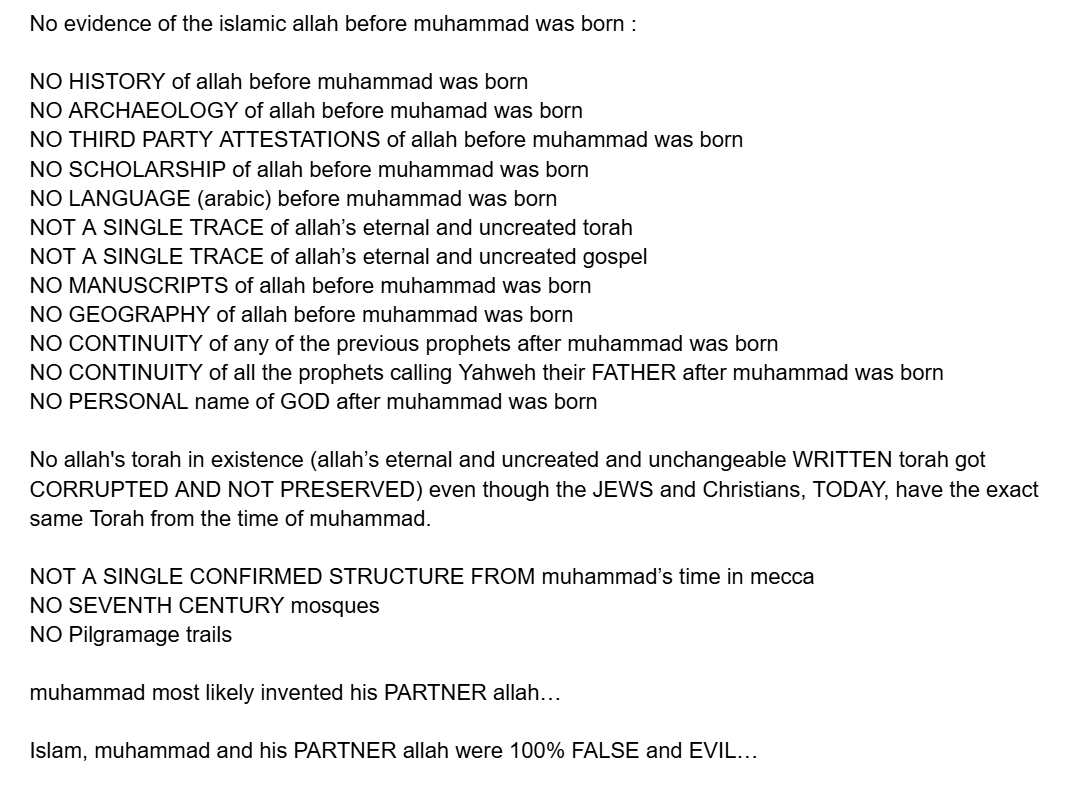 Mintbit1000's tweet photo. @yzd5xx @h1670403 @Assimalhakeem So do you any EVIDENCE of the islamic allah before muhammad was born?  Yes or NO?

There were the pagan and polythesitic allahs but NO islamic allah

If you can't find him then just say so. u saying it's a gotcha moment does NOTHING to help ur islamic dilemma.  Good luck habibi https://t.co/ZSYBar08oA
