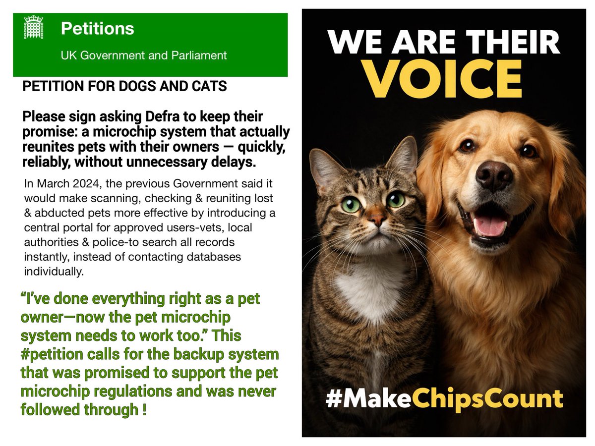 VetsGetScanning's tweet image. “I’ve done everything right as a pet owner—now the pet microchip system needs to work too.” This #petition calls for the backup system that was promised to support the pet microchip regulations and was never followed through ! 
Please sign and #repost to help reunite #lost and