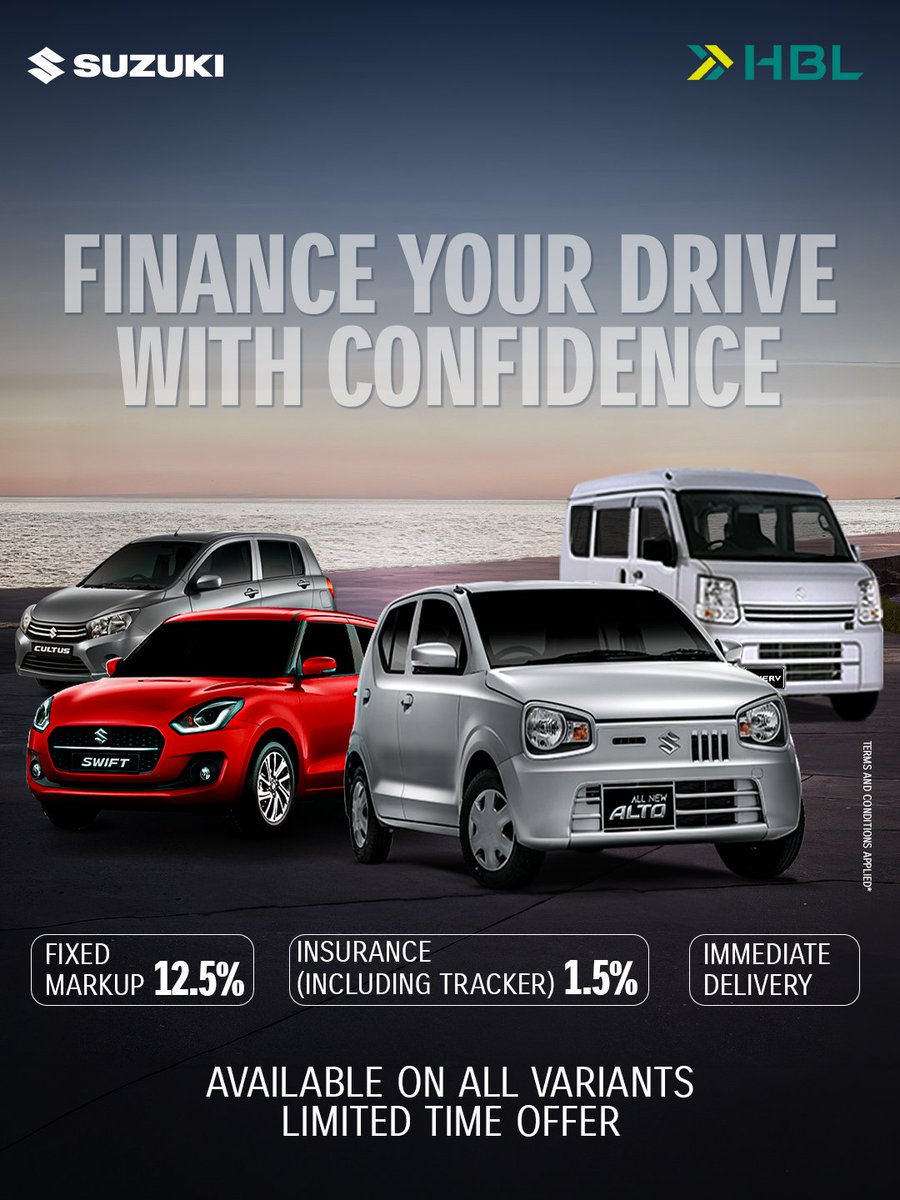 SuzukiPakistan's tweet image. Owning a Suzuki is now easier with tailored HBL car financing, helping you get behind the wheel with greater ease and convenience

#Suzuki #SuzukiPakistan #Financing #HBL