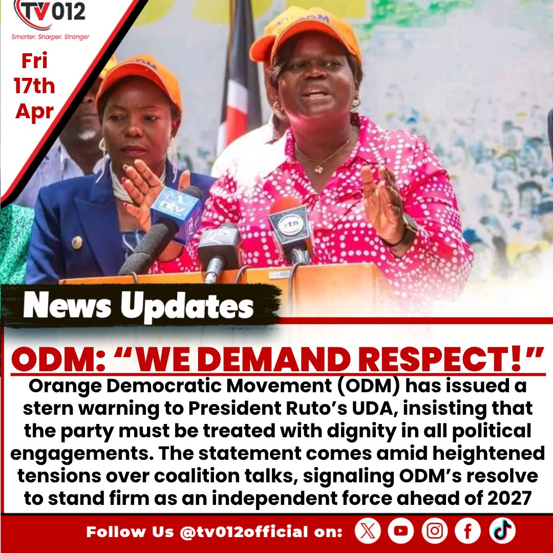 tv012official's tweet image. ODM: “WE DEMAND RESPECT!”

Orange Democratic Movement (ODM) has issued a stern warning to President Ruto’s UDA, insisting that the party must be treated with dignity in all political engagements.

#ODM #UDA #KenyaPolitics #RespectDemanded #tv012newsupdate