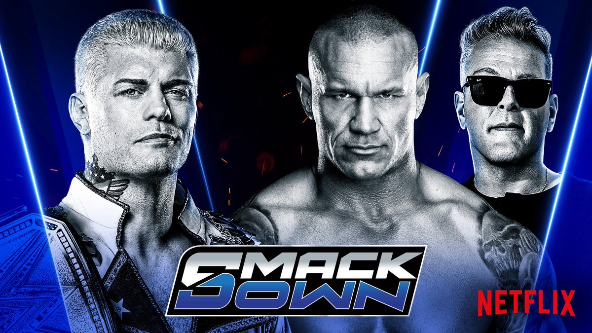 WWEUK's tweet image. Tonight on the FINAL #SmackDown before #WrestleMania, streaming LIVE at 1 AM on @NetflixUK: 

🔵 @CodyRhodes has a message for @RandyOrton 

🔵 How will @jacobfatu_wwe respond to @DMcIntyreWWE? 

🔵 Andre the Giant Memorial Battle Royal 

🔵 The Wyatt Sicks vs. The MFTs in an