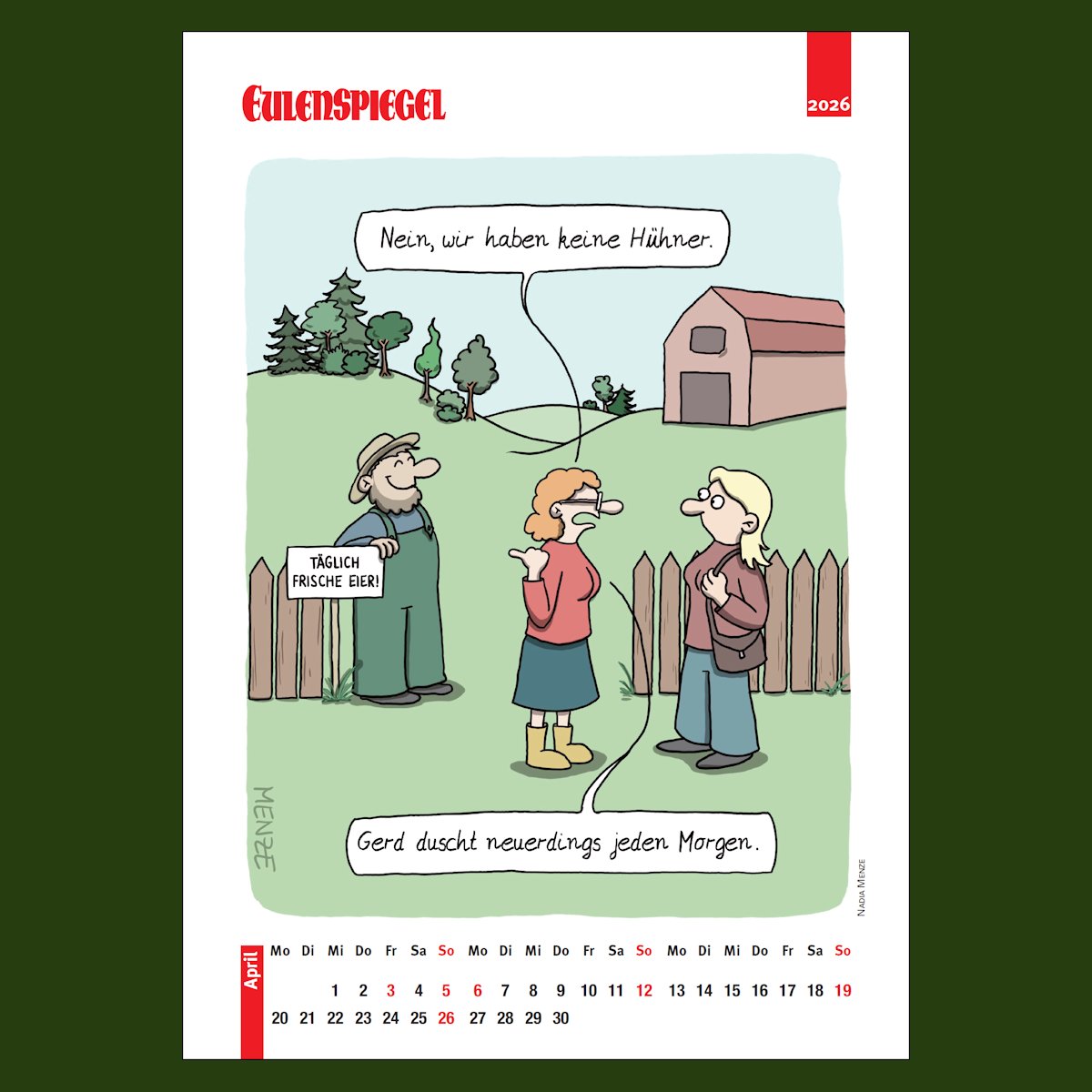 Kalenderblatt April 2026 aus dem EULENSPIEGEL Cartoon-Kalender von Nadia Menze: eulenspiegel-zeitschrift.de/2026/04/kalend…

#Cartoon #Humor #Spaß #Satire #Satiremagazin
