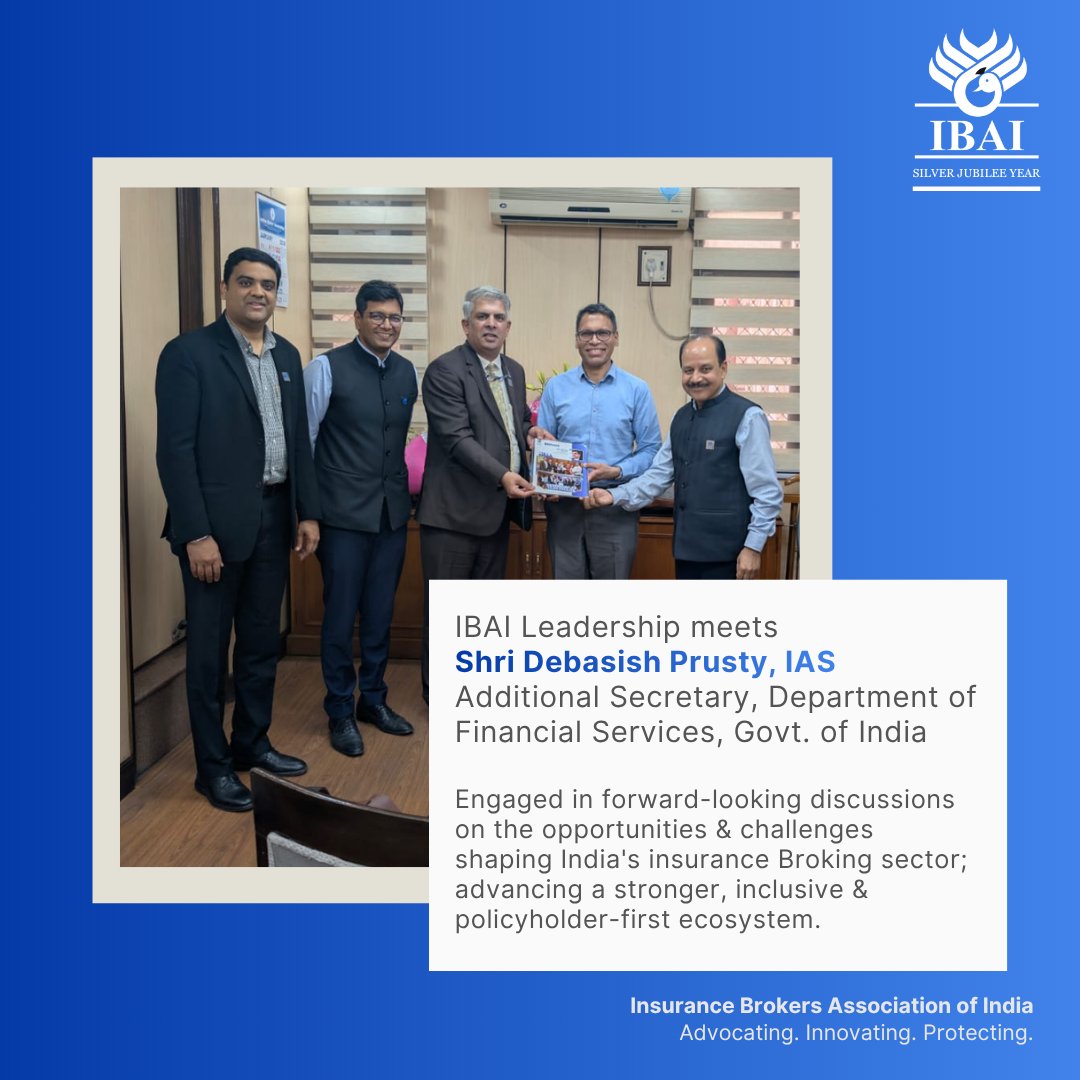 ibai_in's tweet image. IBAI's leadership delegation met Shri Debasish Prusty, IAS, Additional Secretary, DFS, on 16th April 2026, championing the cause of insurance brokers and a policyholder-first India.  
#IBAI #InsuranceBrokers #InsuranceForAll #InsuranceIndia #FinancialInclusion #FinanceMinistry