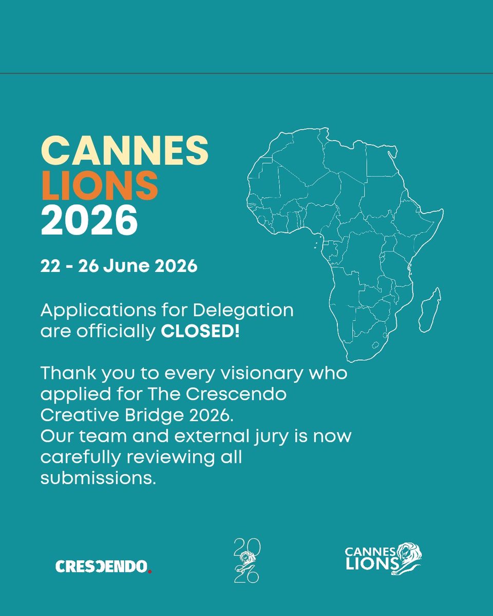 CrescendoDigit2's tweet photo. Applications for The Crescendo Creative Bridge 2026 are officially CLOSED! Thank you to every visionary who applied. 
Now, we are calling on brands, agencies &amp; platforms. 🤝 Want to help bring Africa’s top creative talent to Cannes Lions? We want to partner with you. 🧵 https://t.co/zyYFmSrgnq