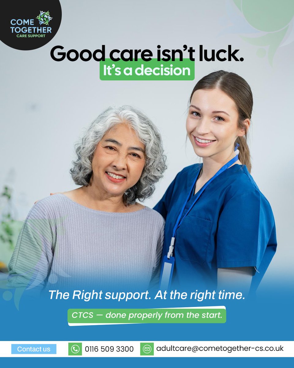 ctcscare's tweet image. Choosing the right care provider impacts safety, wellbeing and independence. CTCS delivers structured, reliable care services across the UK.
Contact us:
📲0116 509 3300
📩adultcare@cometogether-cs.co.uk
#HomeCareUK #CareStandards #CTCS
