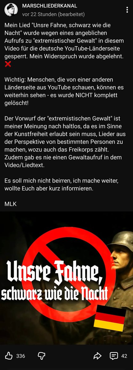 dosis_exe's tweet photo. Altdeutsche Lieder verschwinden seit 2026 teilweise sammt ihren Kanälen.
Dies ist der nächste Schritt zur Beseitigung unserer Kultur.

Wenn dies ein Patriot sieht, macht dieses Thema größer.

Rechts an die Macht! 🇩🇪 https://t.co/gJoBX5T6ow