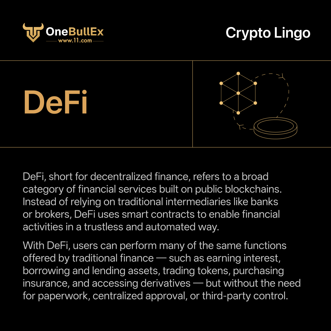 One_BullEx's tweet image. 📚 Crypto Lingo | Word of the Day

Decentralized Finance (DeFi) refers to financial services built on public blockchains, where users can lend, borrow, trade, and earn — without intermediaries.

🔍 No banks. No gatekeepers. Just code and liquidity.

#CryptoLingo #OneBullEx #DeFi