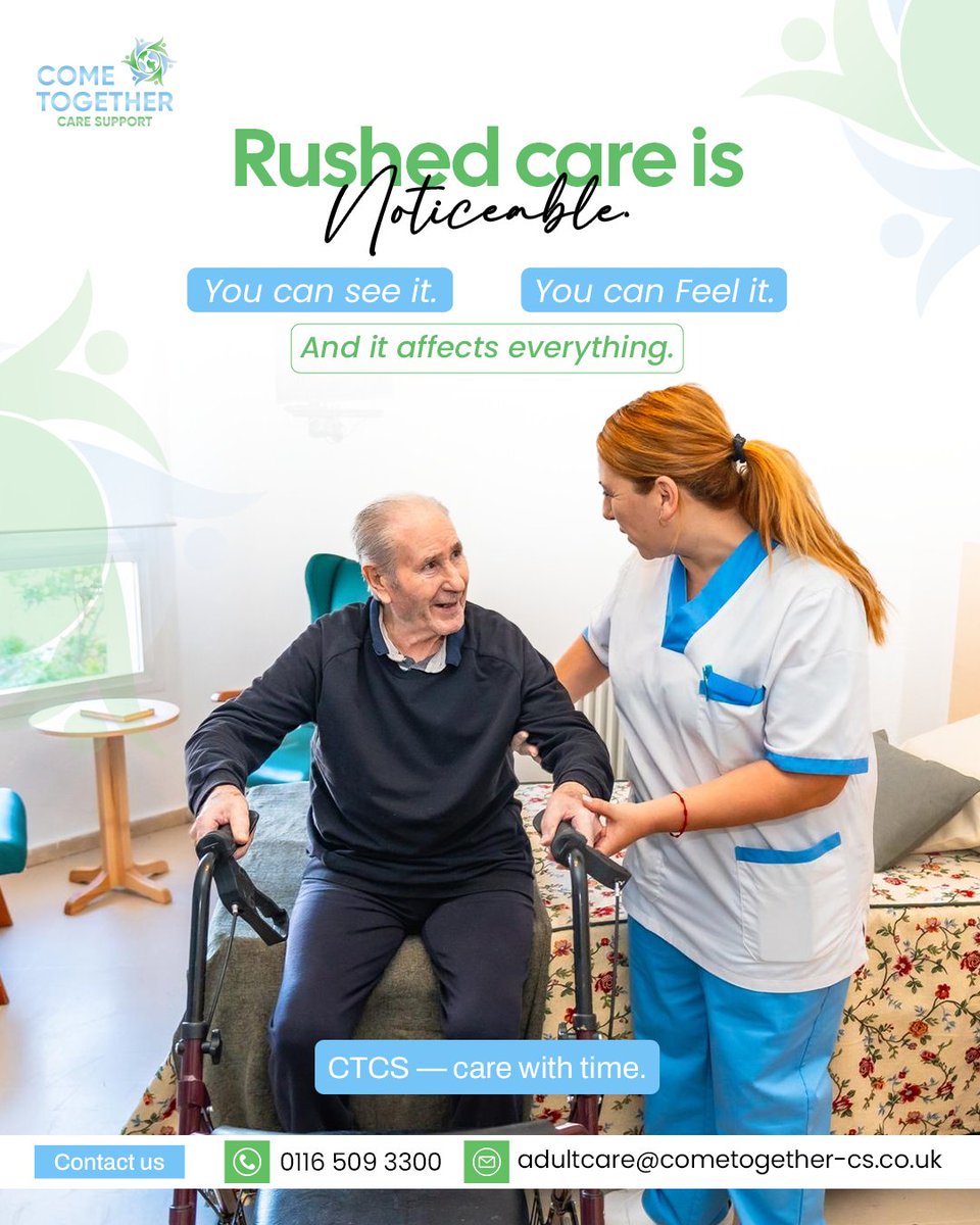 ctcscare's tweet image. Time-limited care visits can impact quality. CTCS prioritises attentive, structured care across the UK.
Contact us:
📲0116 509 3300
📩adultcare@cometogether-cs.co.uk
#CareQuality #HomeCareUK #CTCS