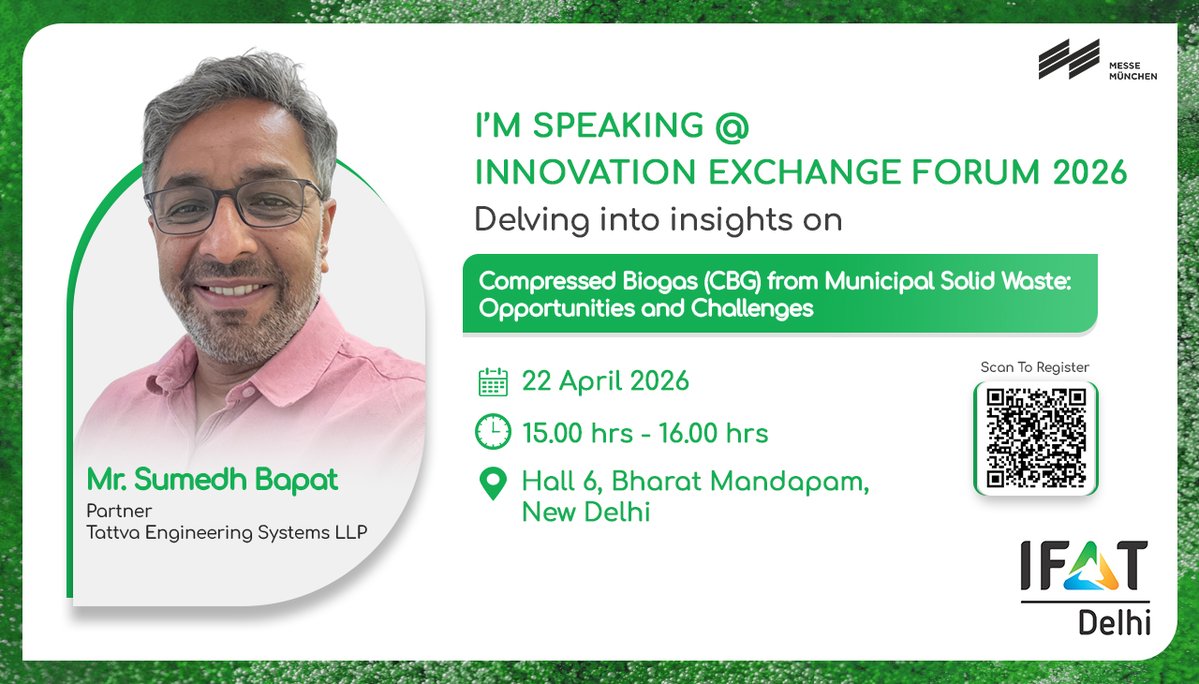 ifatdelhi's tweet image. 📌 Date: April 22–24, 2026  
📍 Venue: Hall 6, Bharat Mandapam, New Delhi

#IFATDelhi2026 #IFATIndia #EngineeringSolutions #Biogas #WasteToEnergy #Sustainability
