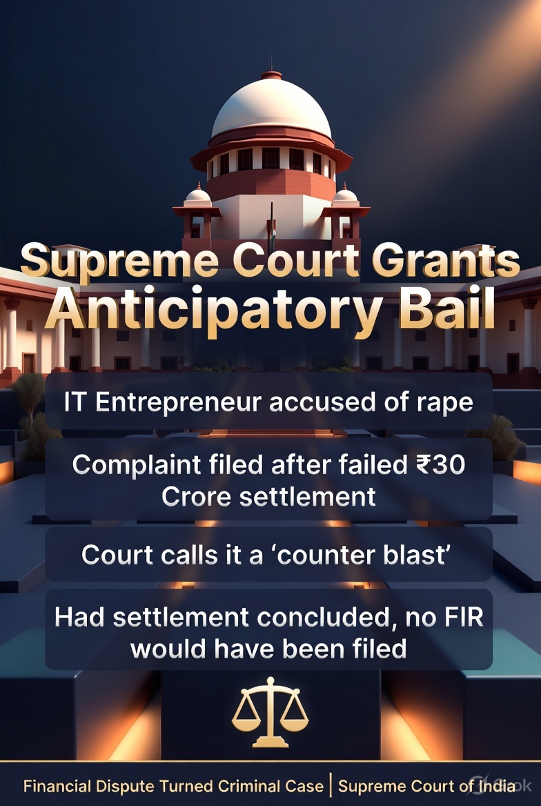 BurmeeM's tweet image. SC grants anticipatory bail to IT entrepreneur accused of rape, says FIR was filed after failed ₹30 crore settlement attempt.
Bench calls it a counter-blast; notes complainant &amp;amp; husband were ready to accept ₹30 Cr to settle.
#SupremeCourtOfIndia #LegalUpdates #Kerala #Bail