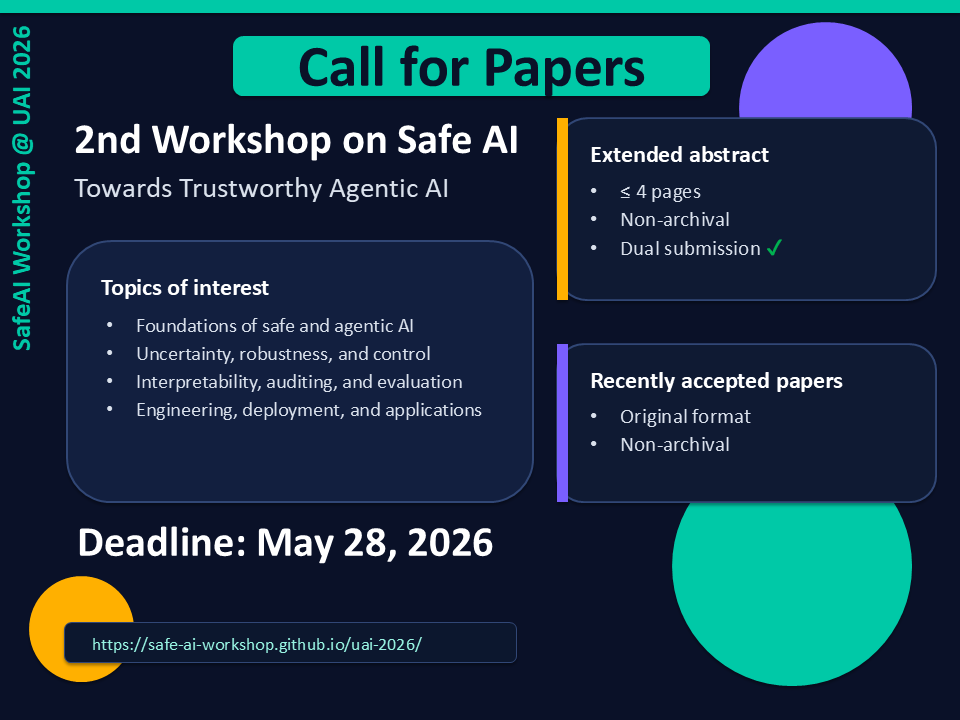 dtailor17's tweet photo. 📢 We are thrilled to announce the 2nd Workshop on Safe AI, co-located with @UncertaintyInAI in Amsterdam 

🌟Submit your latest works in Safe AI (deadline: May 28, 2026 AoE)

We welcome both extended abstracts (4 pages) and recently accepted papers (original format). https://t.co/sdrqVs8uuv