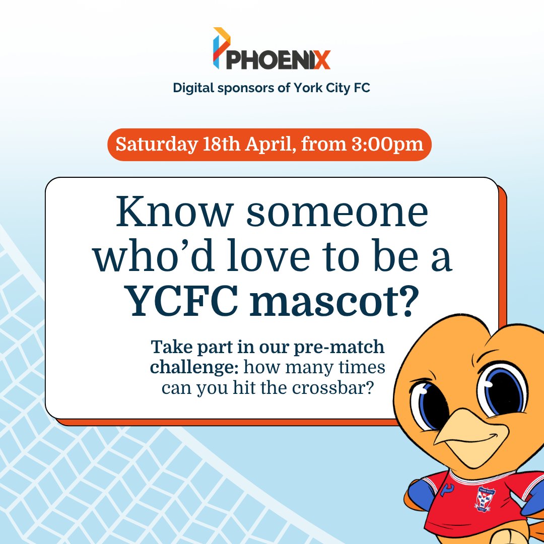 YorkCityFC's tweet photo. Challenge time! 🎯⚽
@PhoenixYork are back on the 3G pitches this Saturday from 3pm with another pre-match challenge.
How many times can you hit the crossbar? The best 3 attempts win a mascot spot next season!
See you before kick-off vs Yeovil! 💙
#MatchdayChallenge #CrossbarChallenge
#YCFC🔴🔵