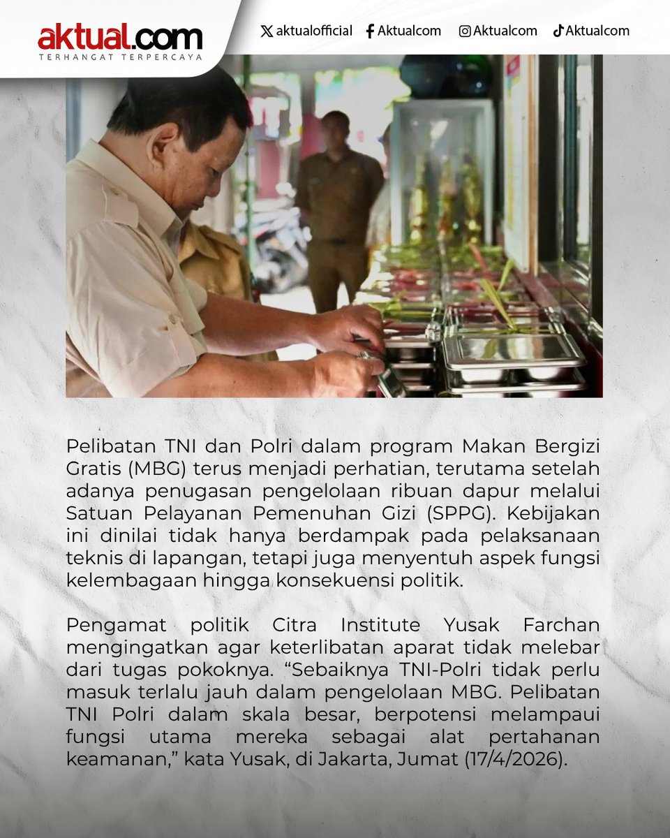 aktualofficial's tweet image. Pelibatan TNI dan Polri dalam program MBG dikritik karena dinilai berpotensi melampaui fungsi utama aparat.

Selengkapnya aktual.com/mbg-jadi-ujian…

#MBG #tni #polri #Aktualcom