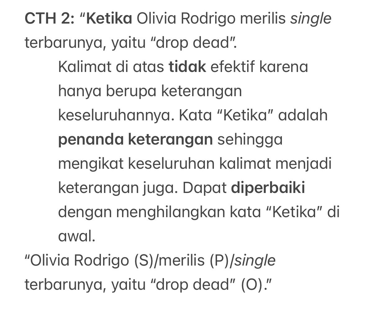 psychollogay's tweet photo. ‼️Cara Menentukan Kalimat Efektif‼️

1. MINIMAL terdiri atas subjek DAN predikat. https://t.co/lrHcSgbHDp
