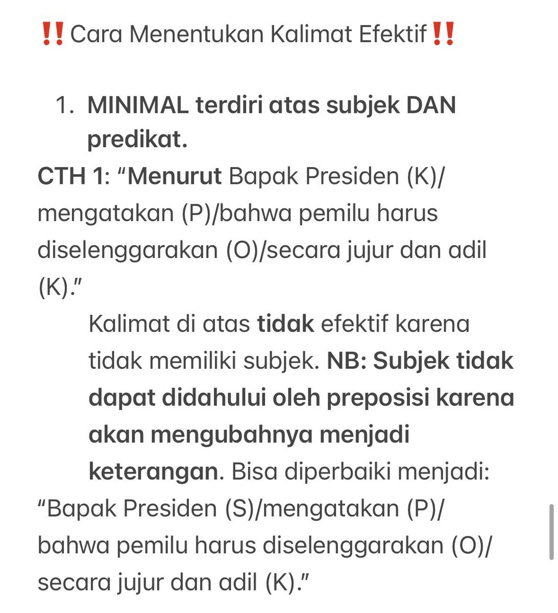 psychollogay's tweet photo. ‼️Cara Menentukan Kalimat Efektif‼️

1. MINIMAL terdiri atas subjek DAN predikat. https://t.co/lrHcSgbHDp
